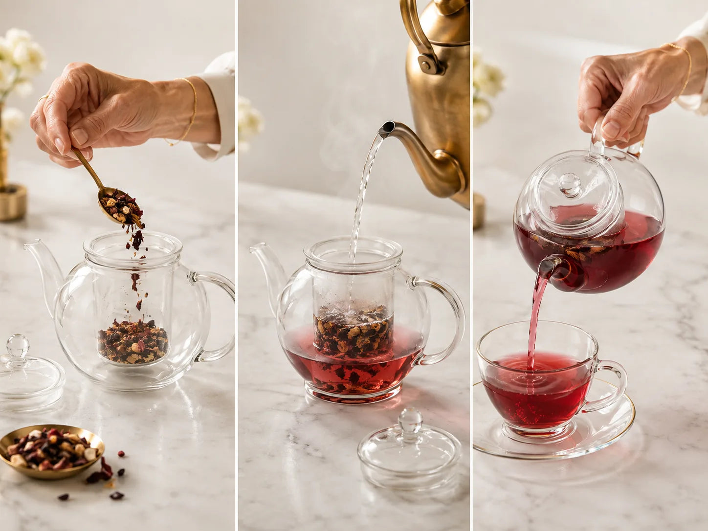 Steps for brewing STEADY: adding loose leaf tea, pouring hot water, and pouring brewed tea into a cup